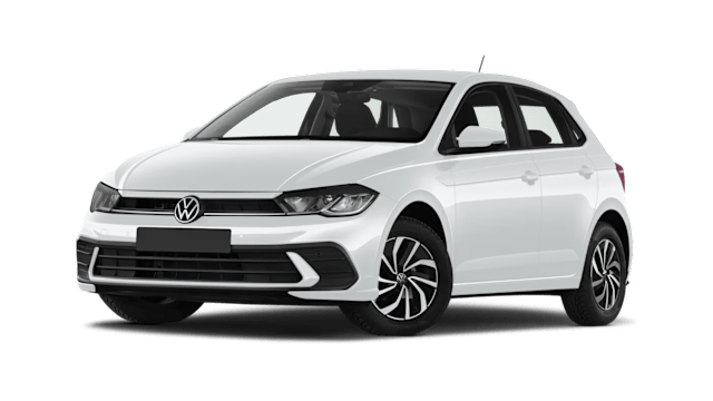 VW Polo in Silber von vorne mit angeschrägten Reifen