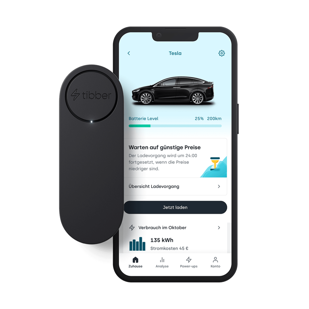 Smartphone Bildschirm Tibber App mit Smart Charging, E-Auto und Pulse