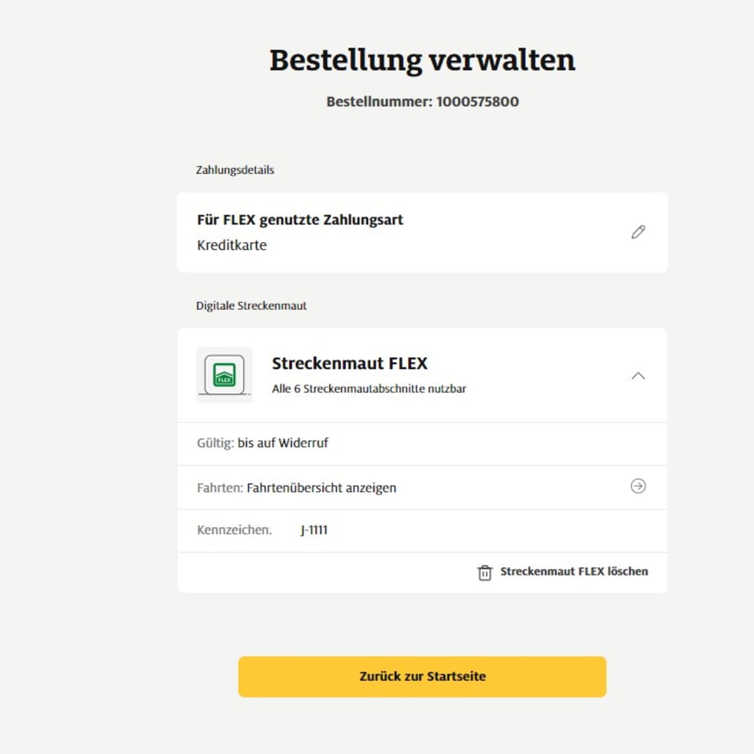 Screenshot der Verwaltungsseite für eine Bestellung im ADAC Mautportal mit Angaben zur digitalen Streckenmaut FLEX.