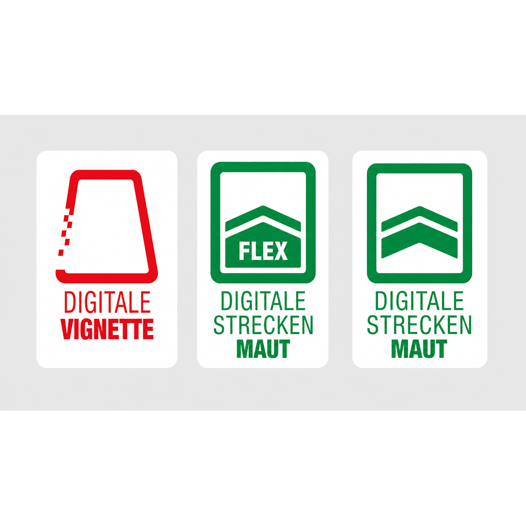 Drei Symbole für digitale Maut in Österreich: Digitale Vignette, Streckenmaut FLEX und Digitale Streckenmaut.