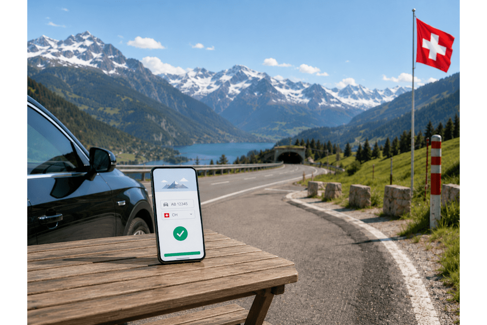 Smartphone mit erfolgreicher Prüfung einer digitalen Schweiz Vignette auf einem Holztisch neben einem Auto vor Schweizer Alpen, See und Bergstraße.