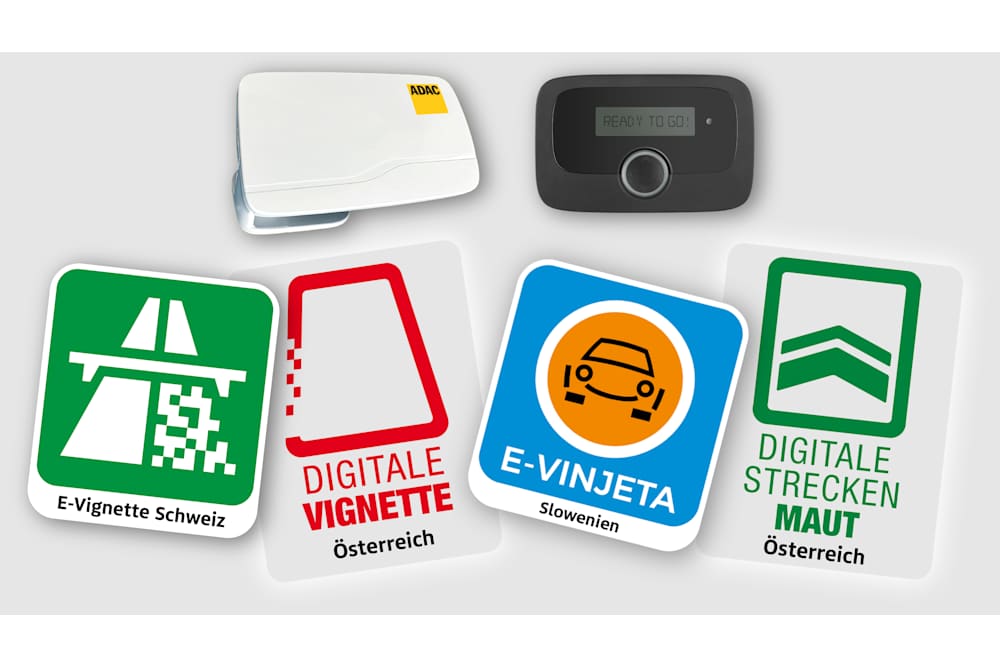Übersichtsgrafik mit Symbolen für digitale Vignetten und Mautprodukte: E-Vignette Schweiz, Digitale Vignette Österreich, Digitale Streckenmaut Österreich und E-Vinjeta Slowenien. Darüber die ADAC Mautbox und Camper Mautbox.