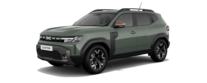 Graugrüner Dacia Duster hybrid Ansicht vorne links