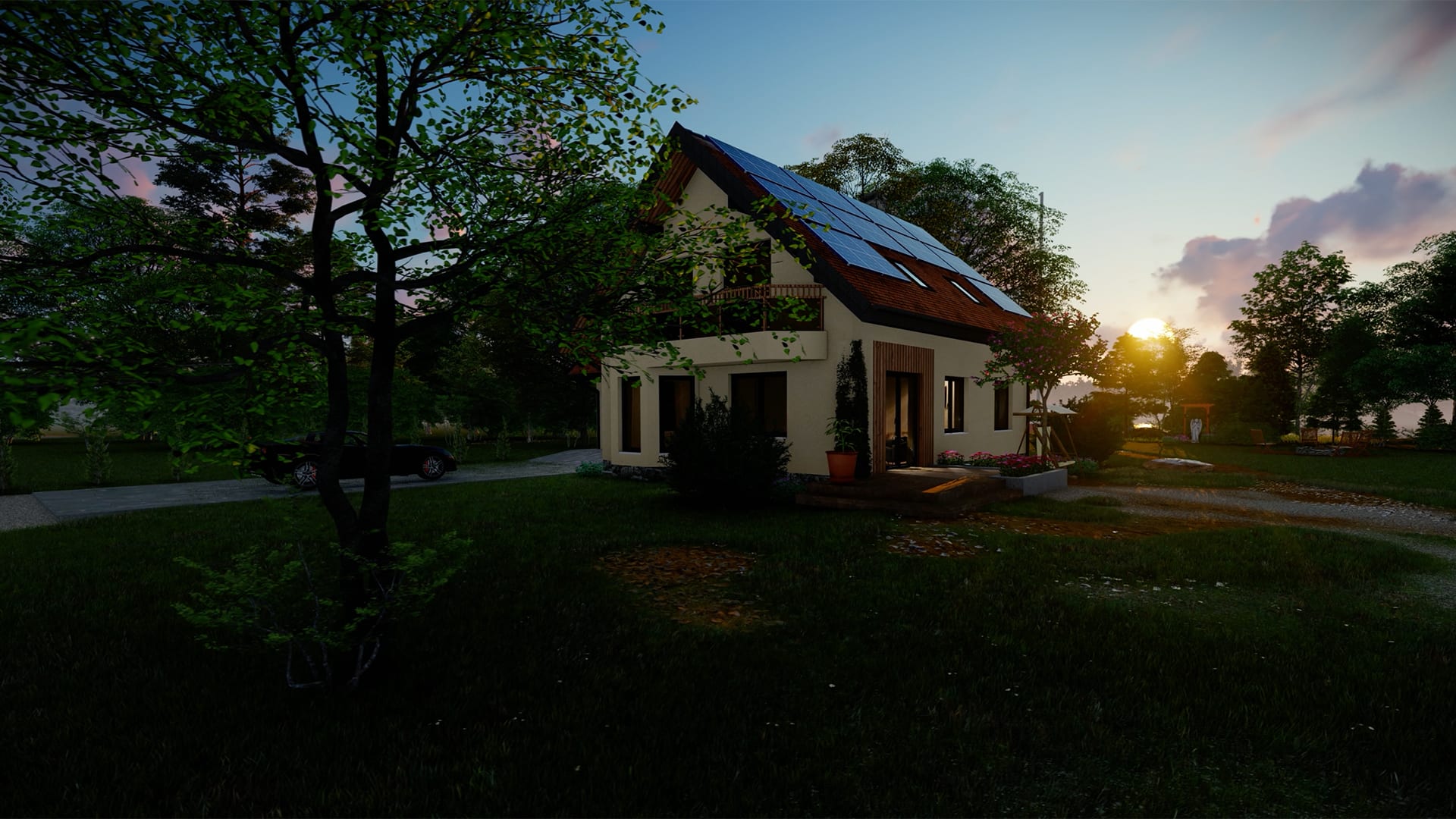 Einfamilienhaus mit Solaranlage auf dem Dach und E-Auto vor der Tür