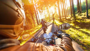 Man sitzt bei Sonnenaufgang auf dem Motorrad und fährt durch einen Wald
