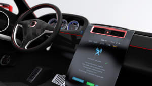generiertes Bild eines mordernen Auto-Cockpits mit Display, das gerade ein Software Update anzeigt