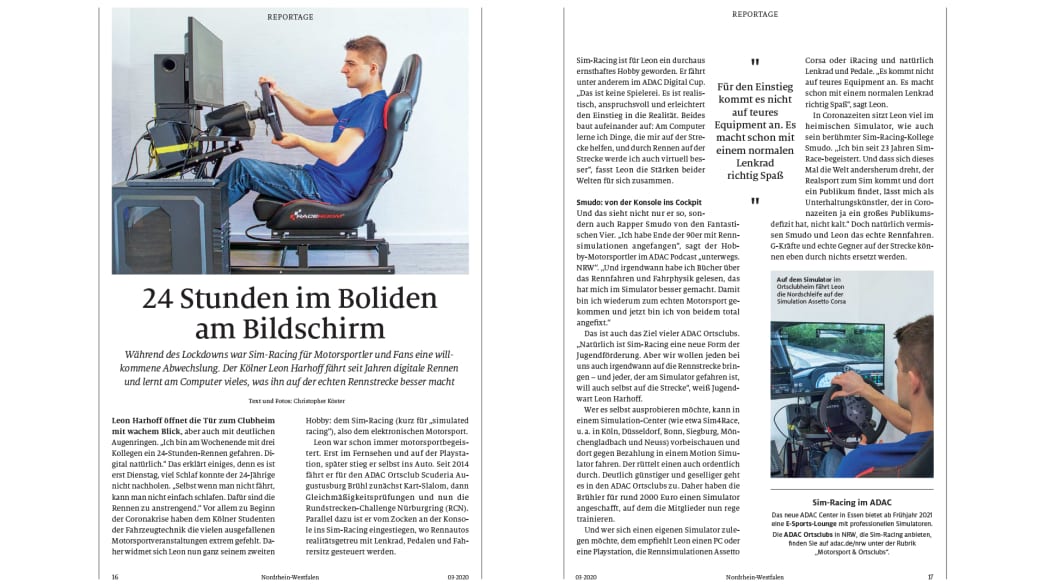 Die Sim-Racing-Geschichte des NRW-Regionalmagazins (Herbst-Ausgabe) der ADAC Motorwelt
