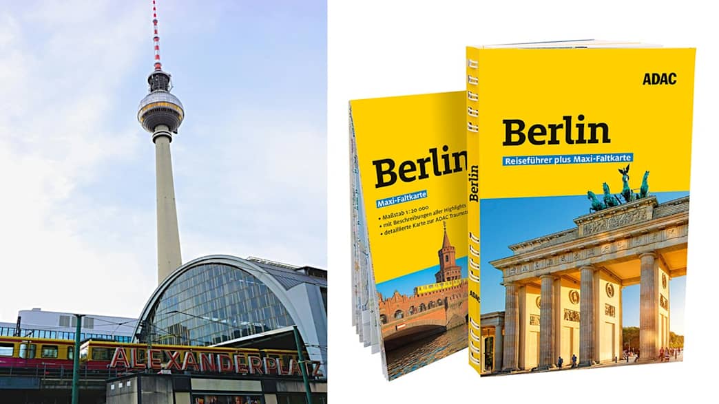 Auf der linken Seite des Bildes sieht man im Hintergrund den Berliner Fernsehturm. Im Vordergrund ist die S-Bahn-Station Alexanderplatz. Auf der rechten Seite ist ein Berlin-Reiseführer und eine Faltkarte zu sehen.