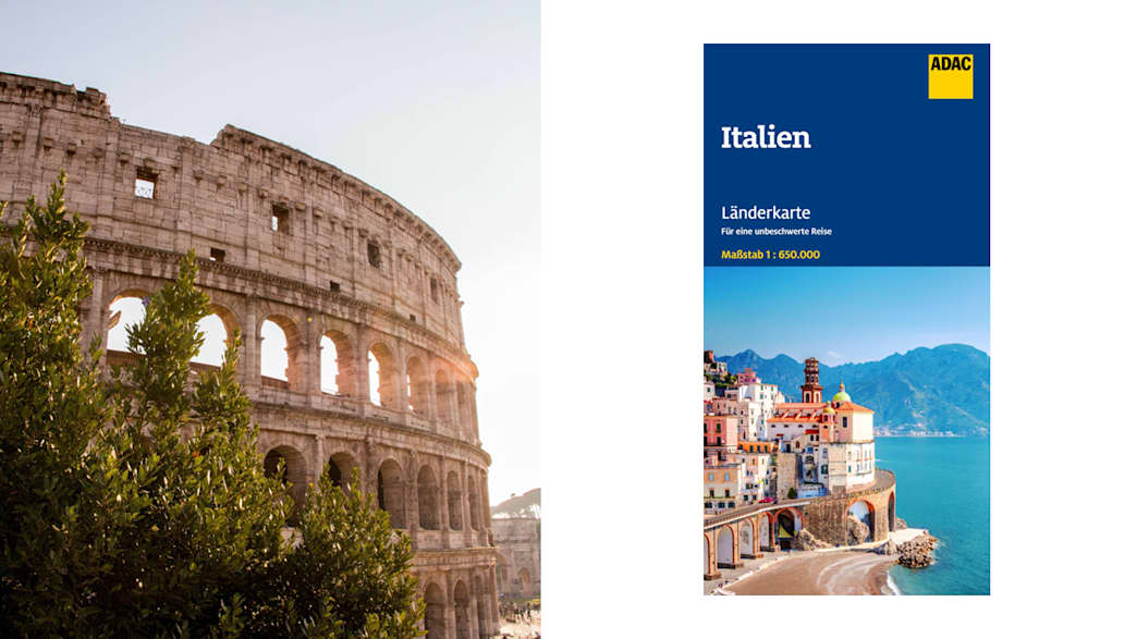 Auf der linken Seite des Bildes ist das Kolosseum in Rom zu sehen. Auf der rechten Seite ist eine Länderkarte von Italien zu sehen.