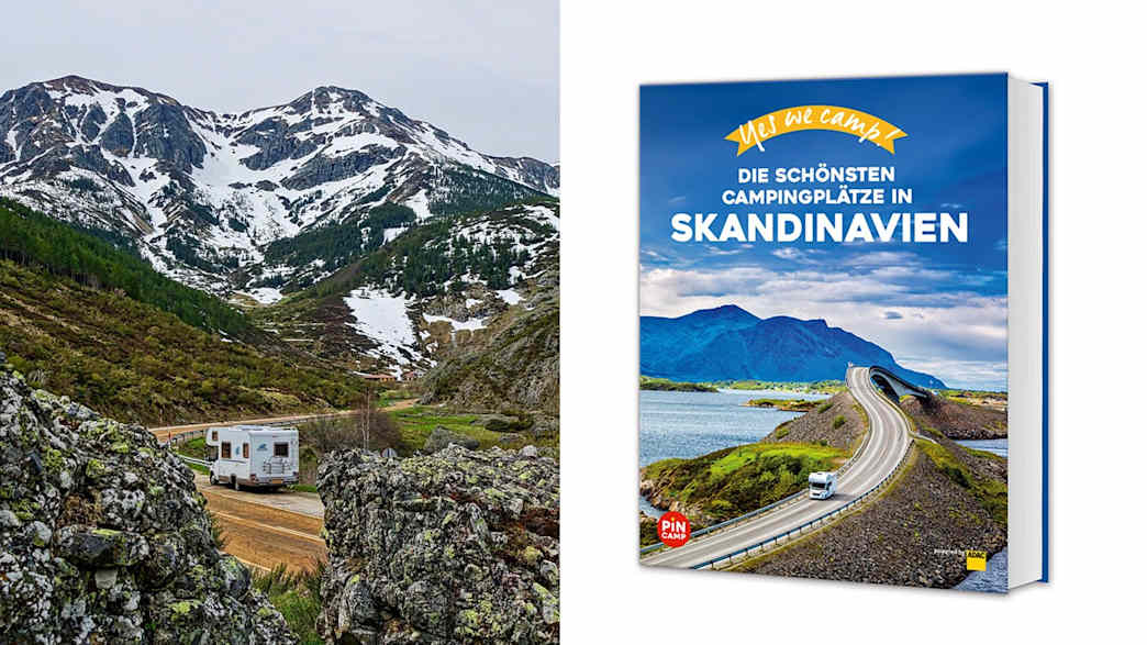 Die linke Seite des Bildes zeigt ein Wohnmobil, das auf einer Straße in die Richtung schneebedeckter Berge fährt. Auf der rechten Seite sieht man ein Buchcover zum Thema "Die schönsten Campingplätze in Skandinavien".