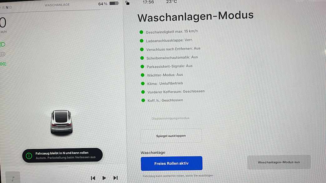 Ansicht des Waschanlagenmodus auf dem Display des Tesla Modl Y