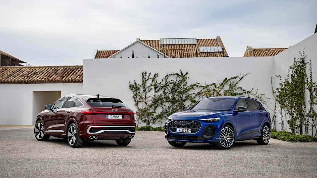 Zwei Audi Q5 stehen nebeneinander. Einer ist mit dem Heck zu sehen, der andere mit der Front