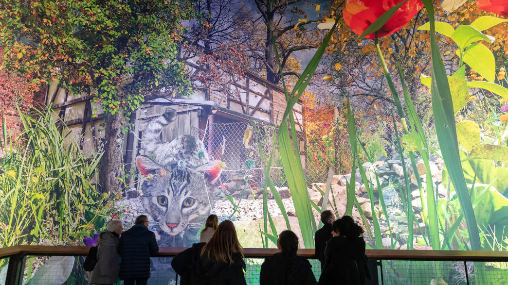 Besucher der Ausstellung Carolas Garten in Leipzig stehen vor der Abbildung einer großen Katze
