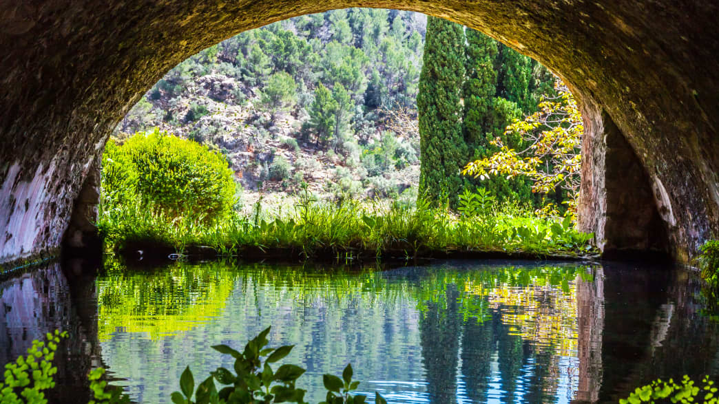 Der Park von Alfabia spiegelt sich im Wasser auf Mallorca
