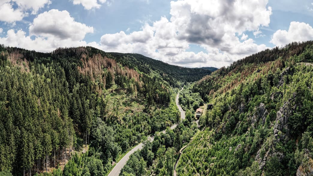 Eine Straße schlängelt sich durch das Okertal im Harz