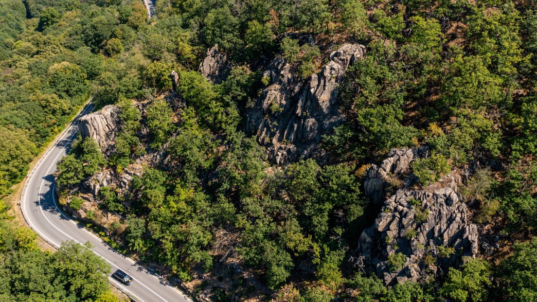 Ein Auto fährt eine Straße im Harz entlang