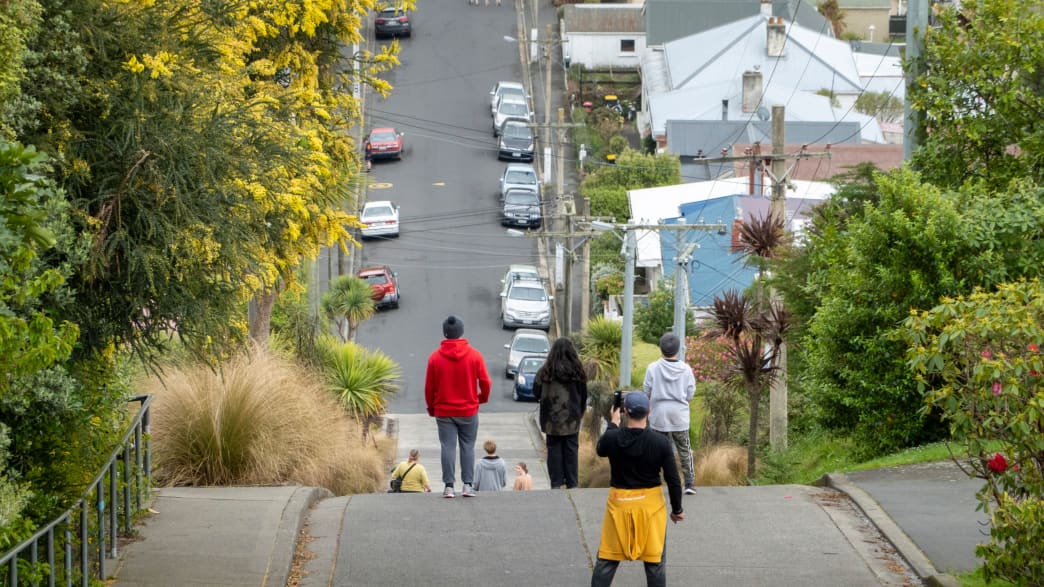Touristen blicken die steile Baldwin Street in Dunedin New Zealand hinab und machen Fotos