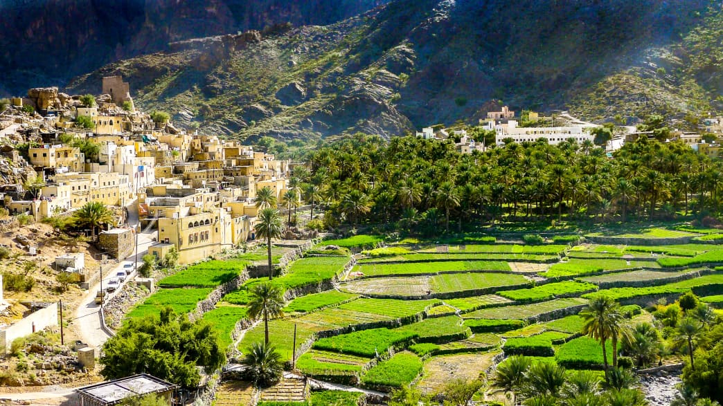 Das Bergdorf von  Balad Sayt mit grünen Feldern in Wadi Bani Khalid Oman