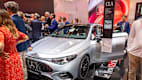 Frontansicht eines Mercedes CLA Shooting Brake auf der IAA 2025 in München.
