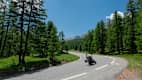 Motorrad auf der berühmten Route des Grandes Alpes mit Blick auf dichte Wälder und hohe Gipfel.
