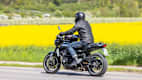 Ein Motorradfahrer fährt an einem Rapsfeld vorbei