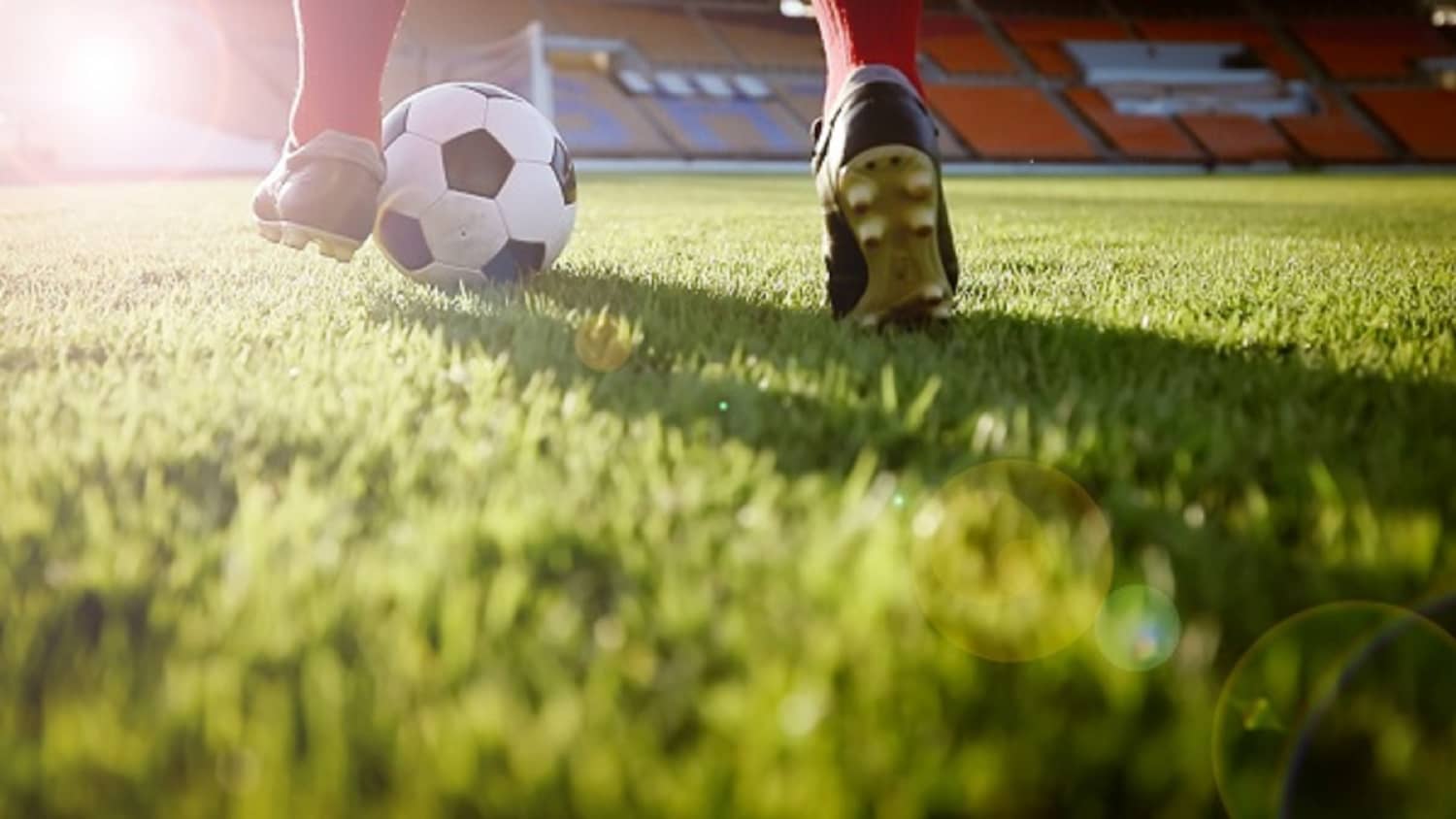 Soccer or football player standing with ball on the field for Kick the soccer ball at football stadium