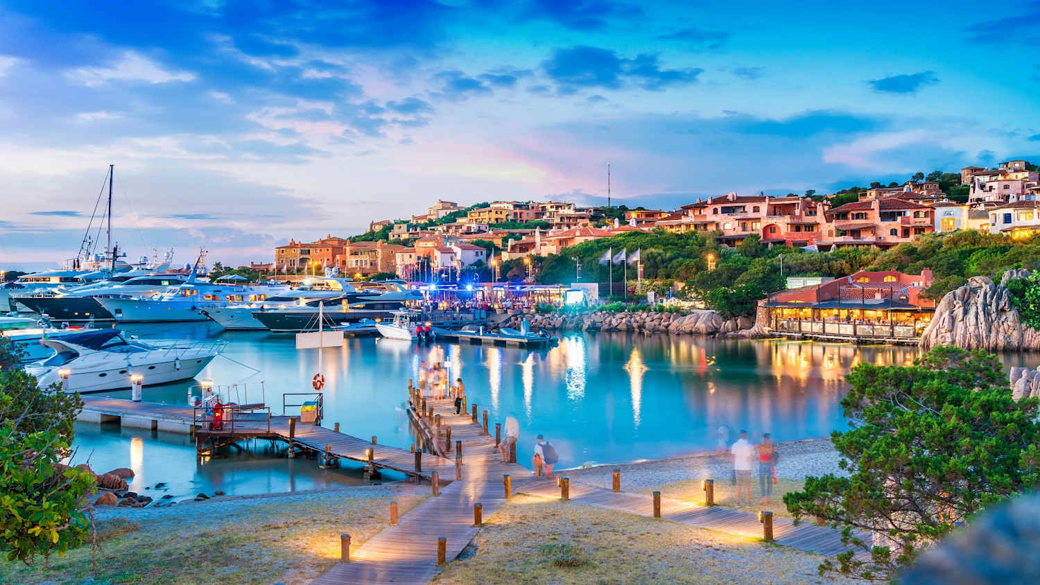 View of harbor and village Porto Cervo, Sardinia island, Italy