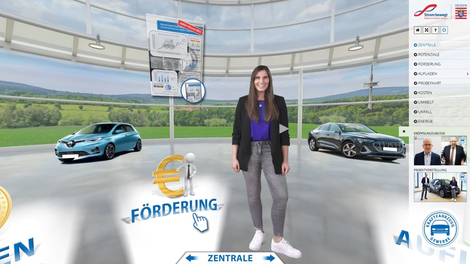Im virtuellen E-Autohaus sind wichtigen Themen und Informationen rund um das Thema E-Mobilität in acht Erlebniswelten bereitgestellt.
