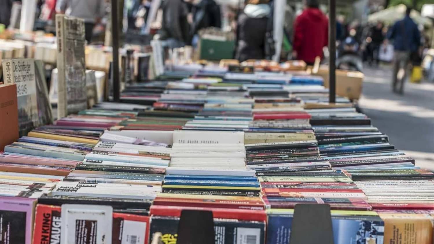 Bücher so weit das Auge reicht auf dem Promenadenflohmarkt in Münster