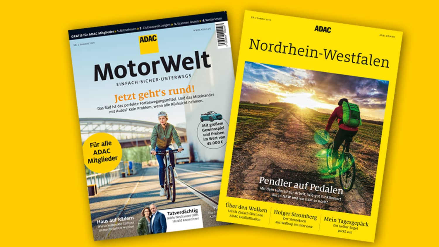 Die Sommer-Motorwelt 2020 des ADAC: Cover des Hauptheftes sowie des NRW-Regionalmagazins