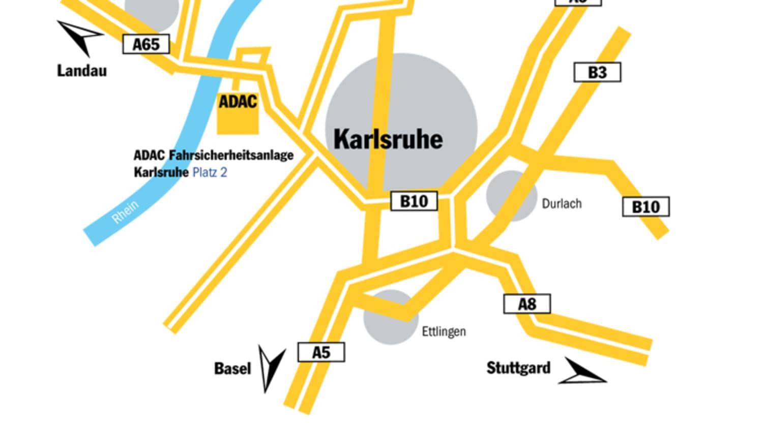 Grafische Anfahrtsskizze zum ADAC Fahrsicherheitstraining in Karlsruhe