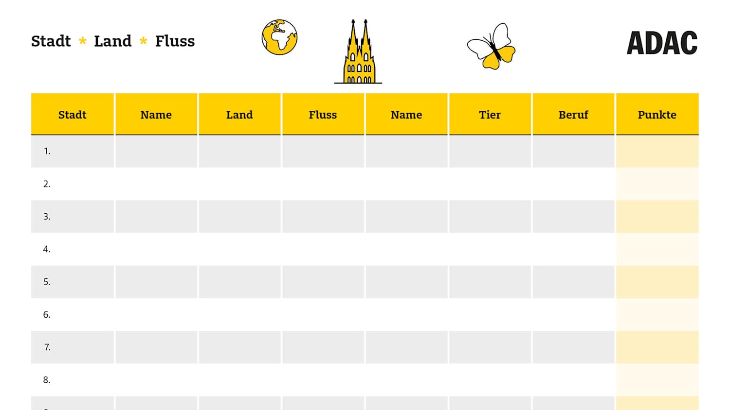 Vorlage Stadt-Land-Fluss zur Beschäftigung von Kindern während der Fahrt in den Urlaub.