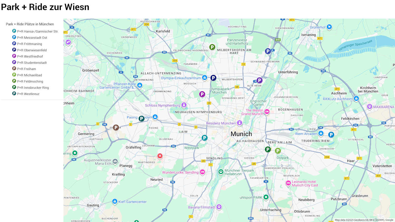 Karte mit Park + Ride Möglichkeiten für Oktoberfestbesucher