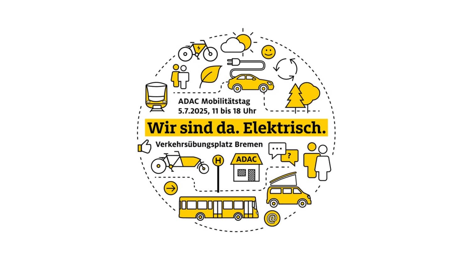 Verschiedene gelbe Icons zum Thema Elektromobilität sind im Kreis um den Schriftzug "Wir sind da. Elektrisch." angeordnet.