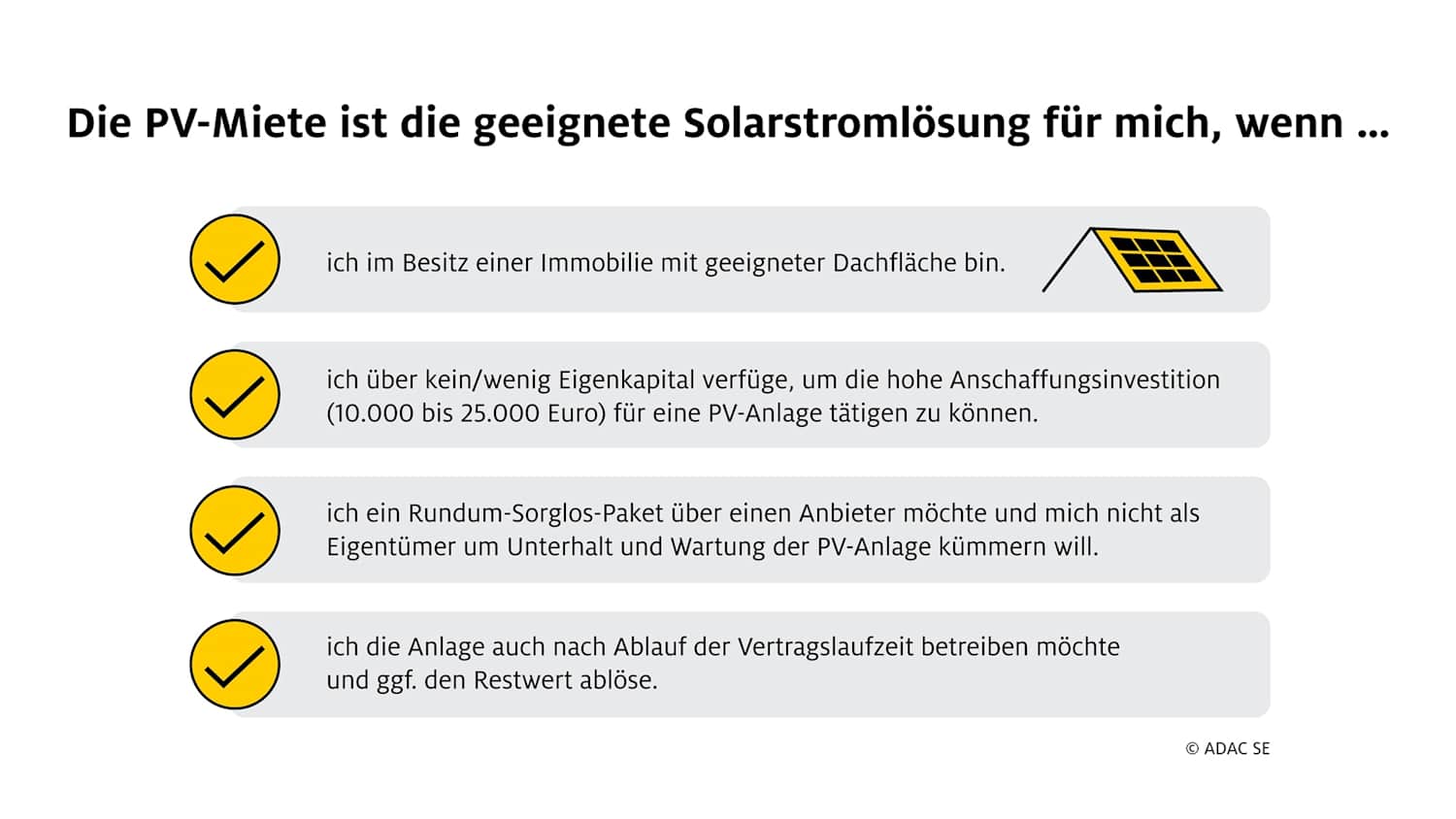 Auflistung der Aspekte, unter denen sich die PV-Miete einer Solaranlage lohnen kann.