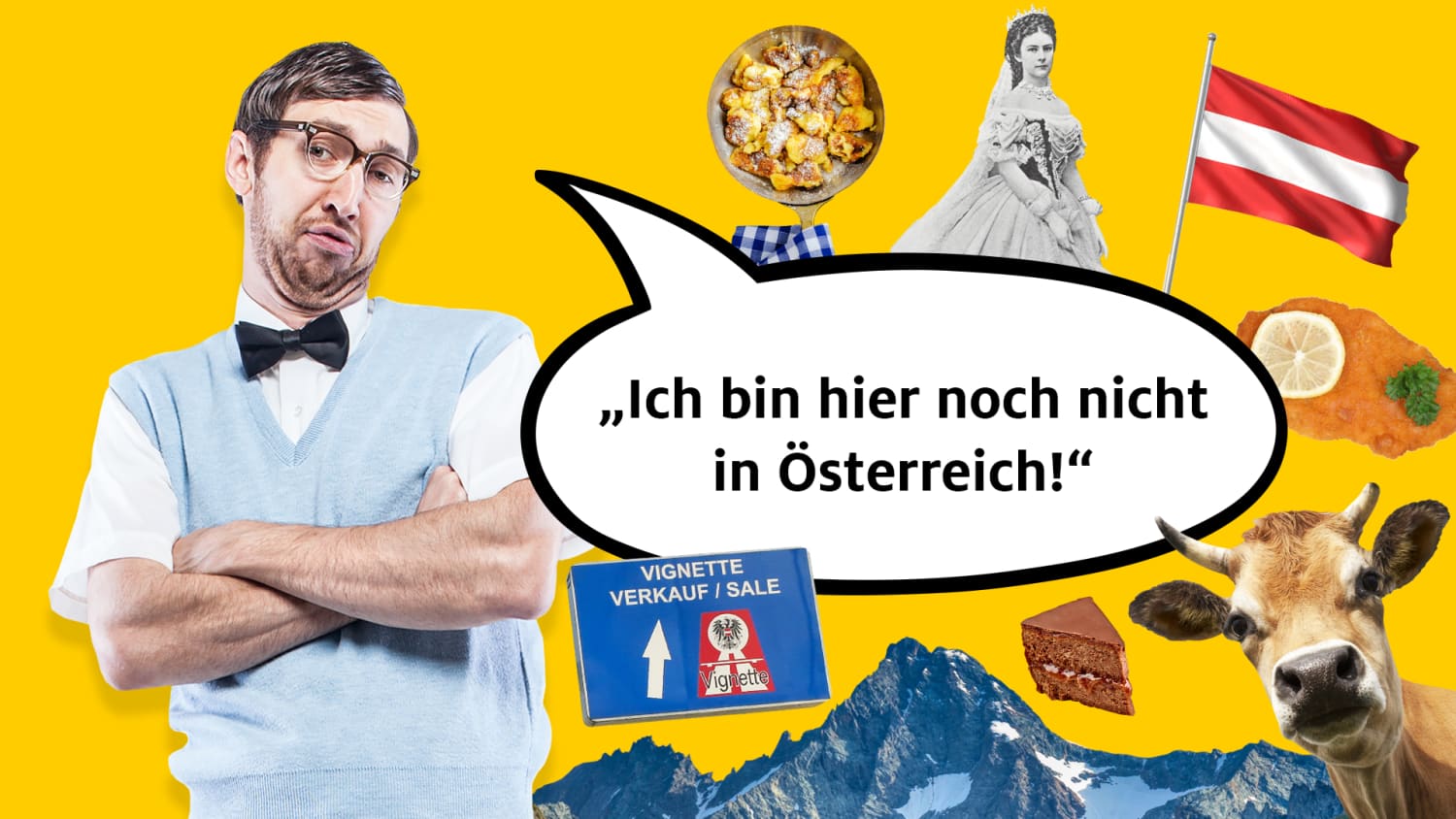 "Ich bin hier noch nicht in Österreich!" – Eine der beliebtesten Ausreden von Mautsündern, die ohne gültige Vignette auf österreichischen Autobahnen erwischt werden. Umgeben von typisch österreichischen Symbolen wie Sachertorte, Wiener Schnitzel, der österreichischen Flagge und Alpenlandschaft versucht der skeptisch blickende Mann vergeblich, sich herauszureden.