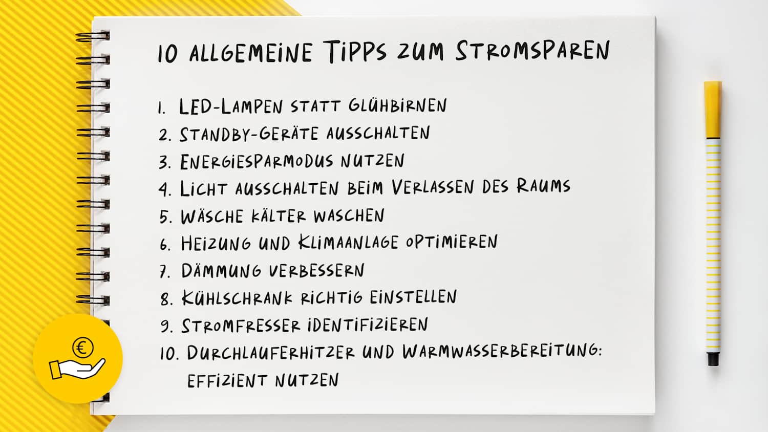 Ein Notizbuch mit einer Liste von 10 Tipps zum Stromsparen, um Stromkosten sparen zu können.