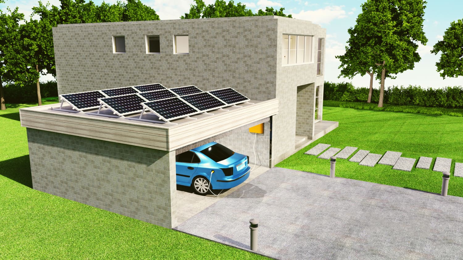 Ein blaues Elektroauto parkt in einer Garage, die mit Solar-panels bedeckt ist, und wird geladen, nachdem die Voraussetzungen für die Wallbox erfüllt wurden.