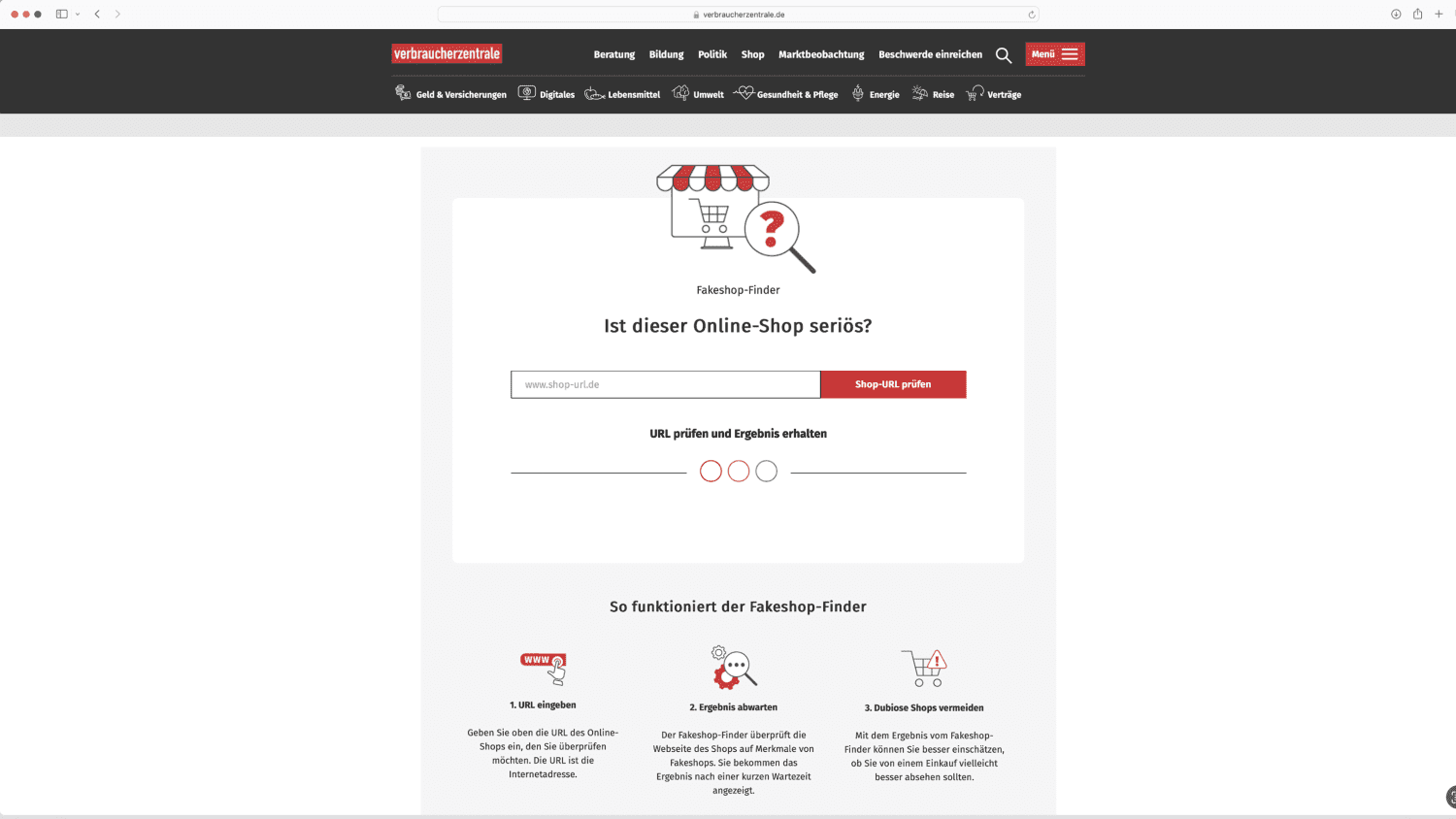 Eine Screenshot Aufnahme der Website "Fake Shop Finder" der Verbraucherzentrale Nordrhein Westfalen