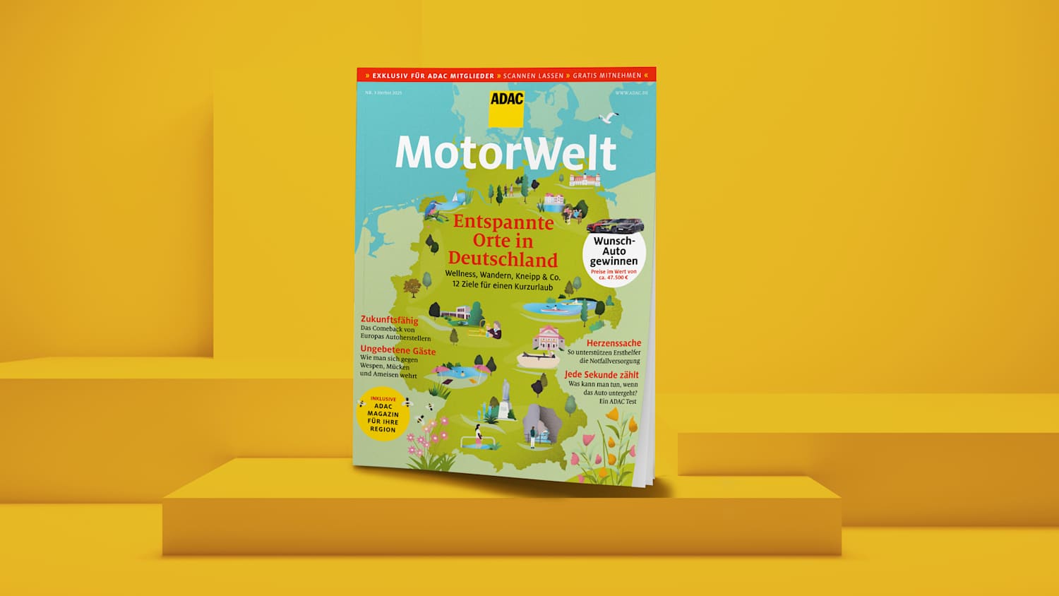 Die ADAC Motorwelt Premium steht auf einem gelben Podest
