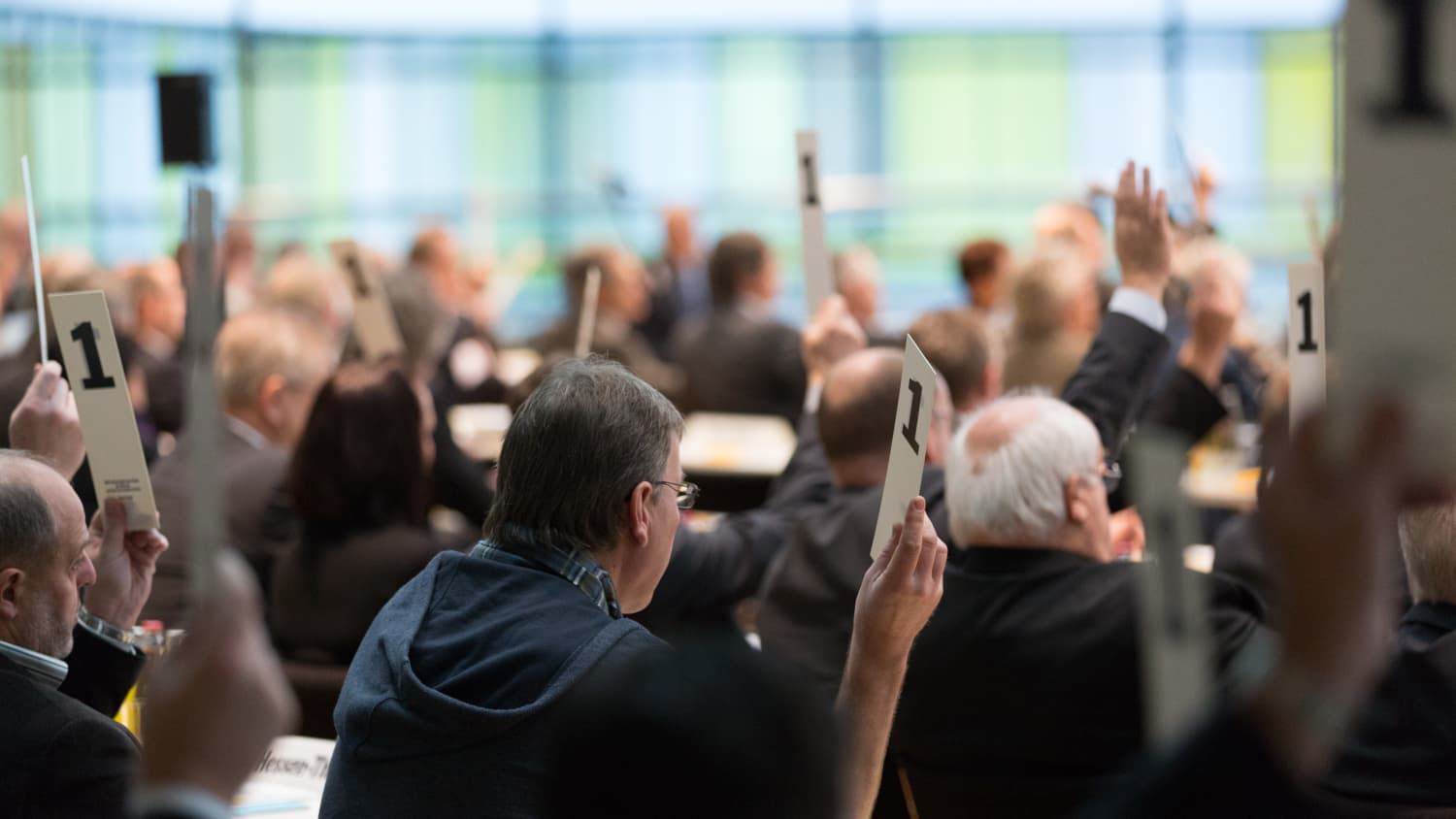 Männer halten Abstimmungskarten in die Höhe