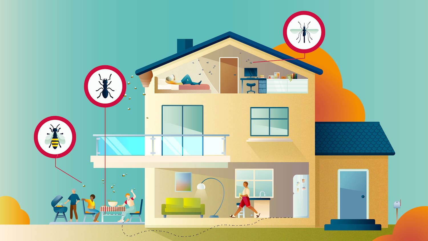 Illustration von einem Haus mit Ungeziefer