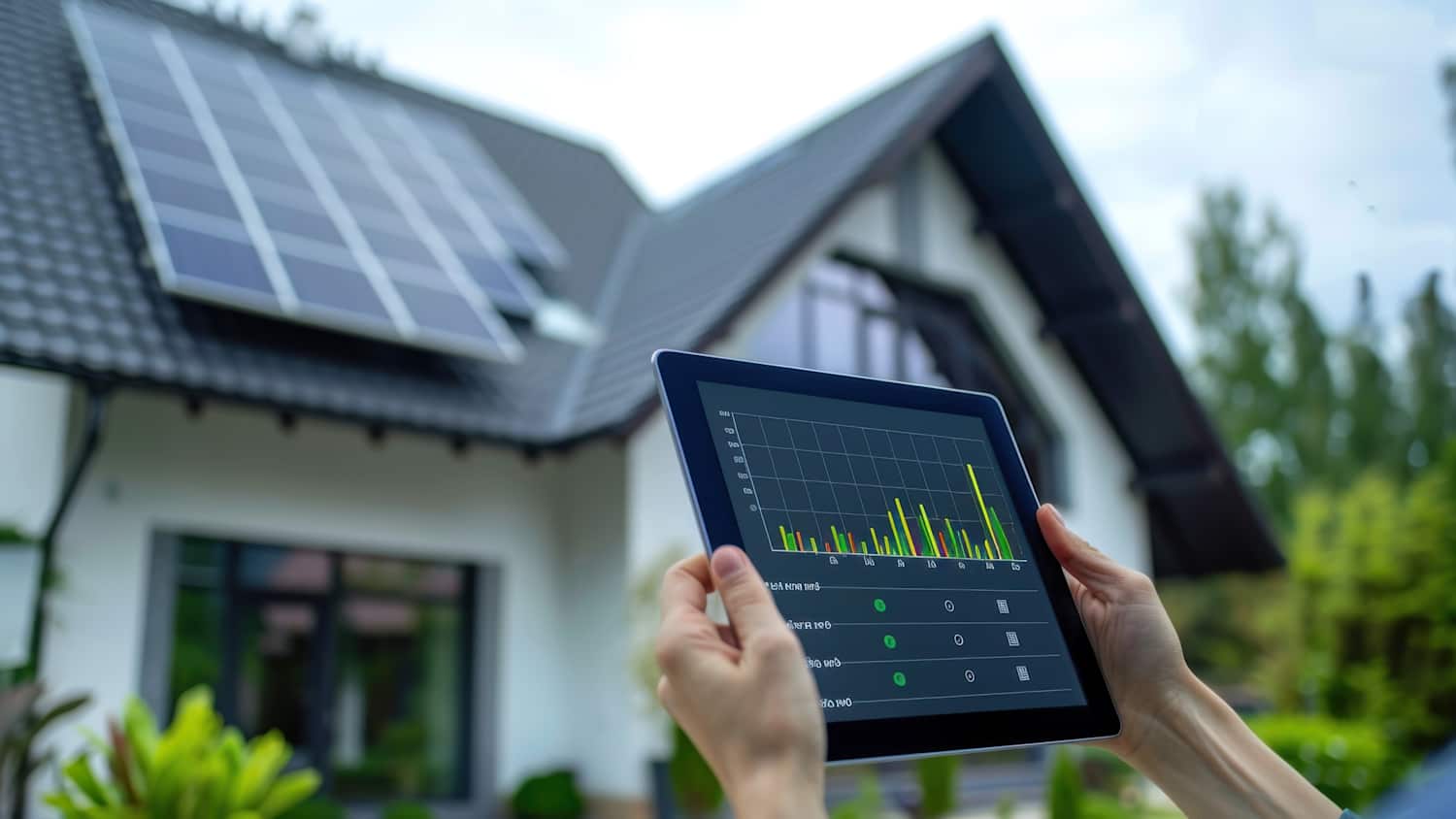 Ein Mann kontroliert mit seinem Tablet seine Solaranlage auf dem Hausdach