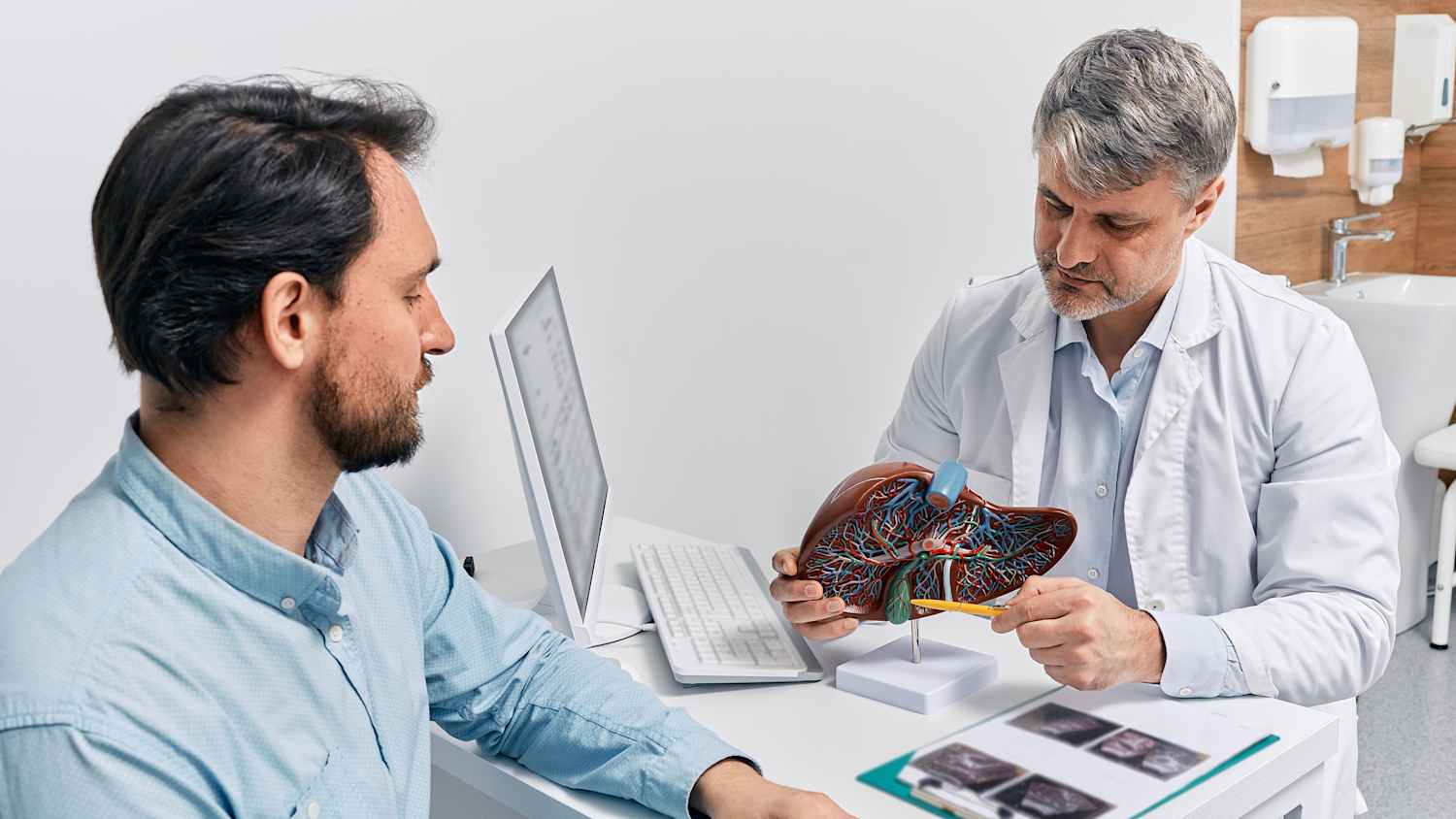 Gastroenterologe Arzt erklärt Leber- und Gallenblasenprobleme mit anatomischem Modell für den Patienten während des klinischen Besuchs.