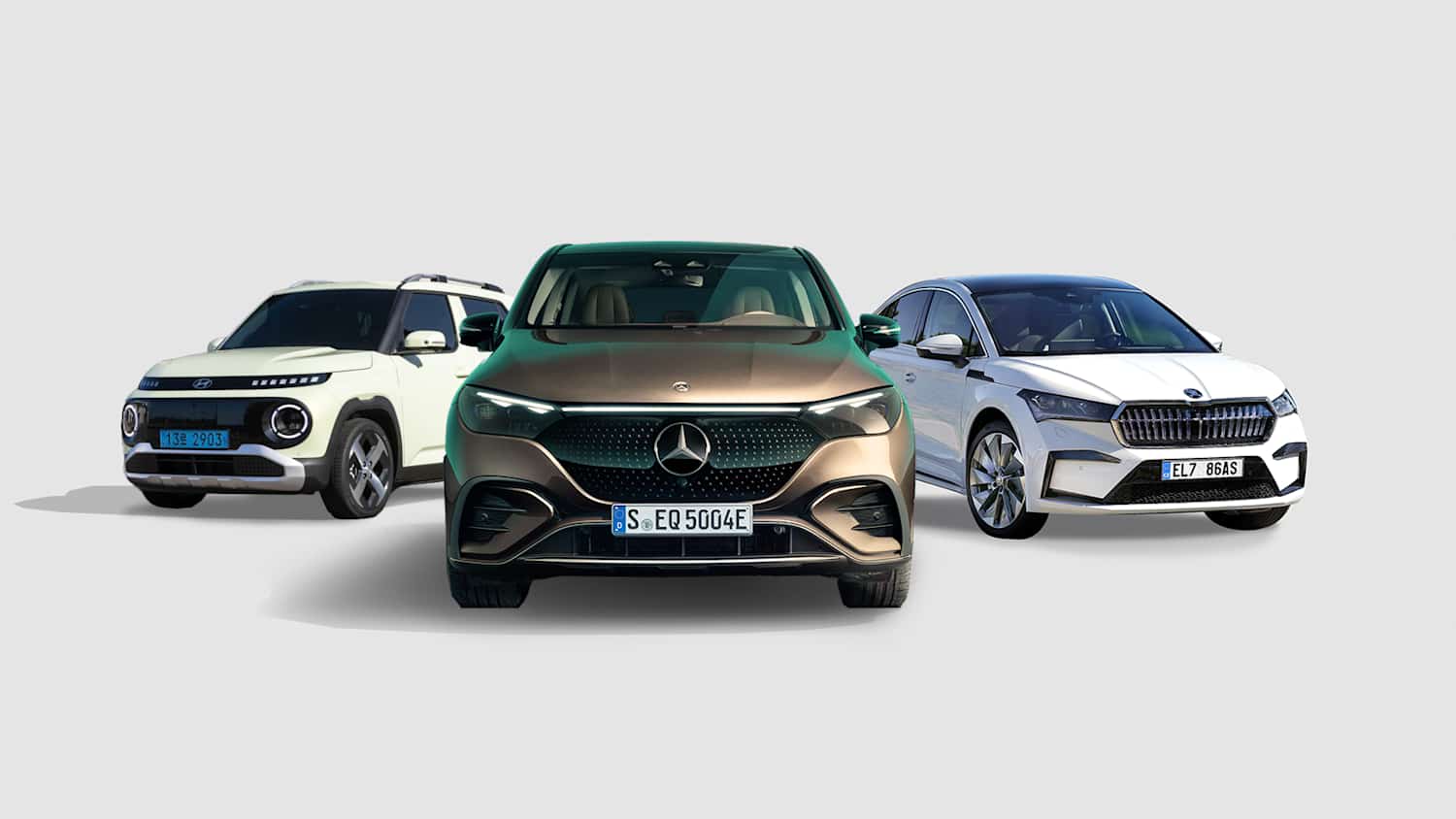 Autokollage aus Hyundai Inster, Mercedes EQE SUV und Škoda Enyaq