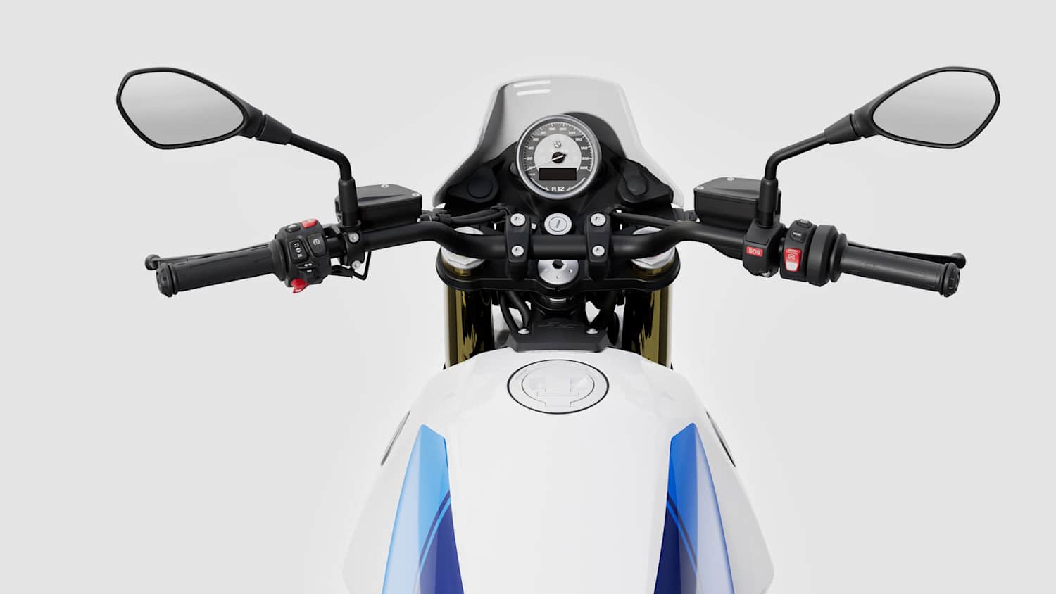 Detailansicht des Lenkers der neuen BMW R12 GS im Studio fotografiert vor grauem Hintergrund