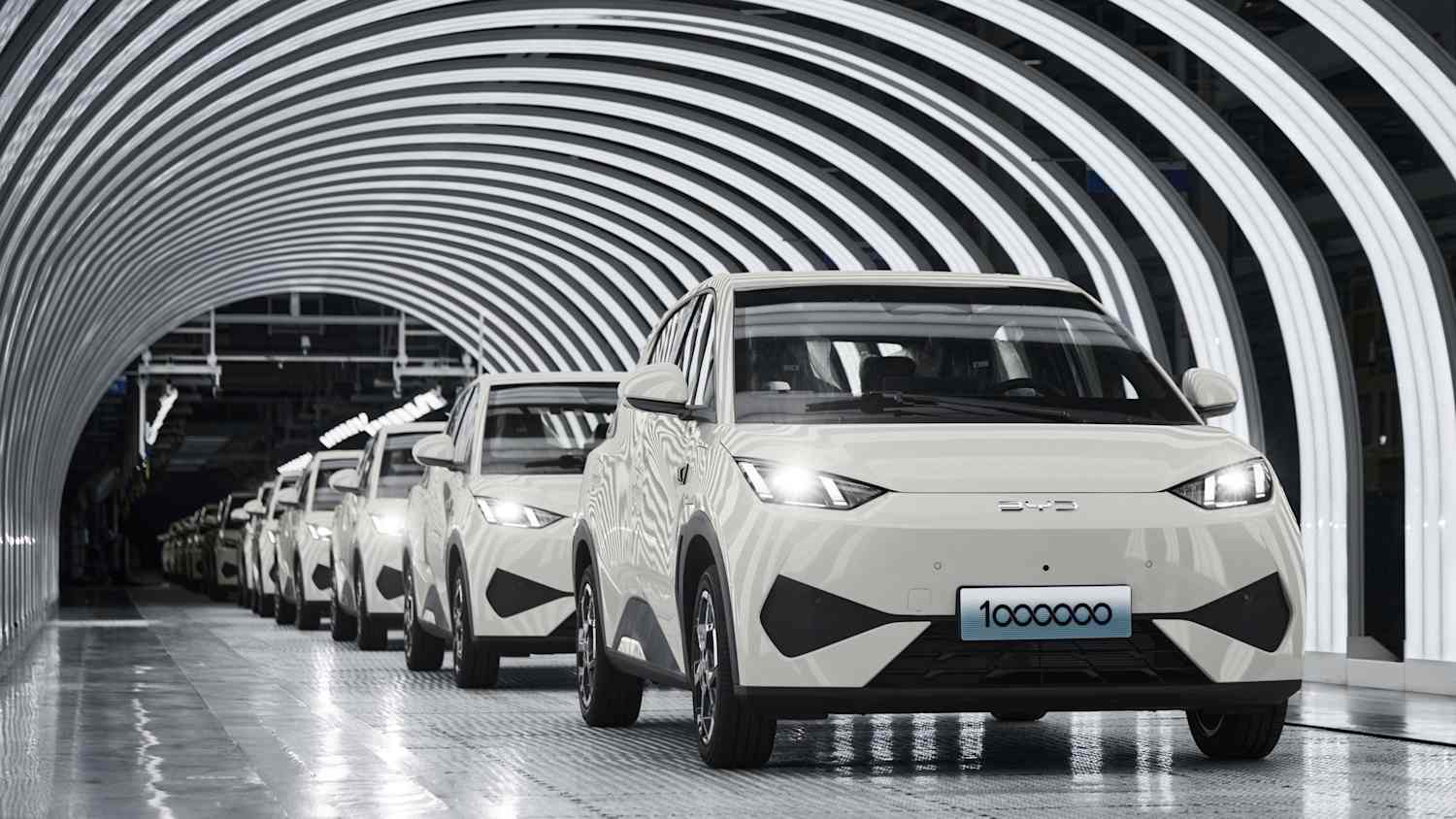 Mehrer weiße BYD´s Dolphin stehen hintereinander in einer Reihe