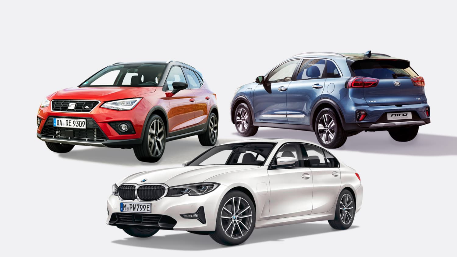 Seat Arona TGI Erdgas, Plug-in-Hybrid Kia Niro und BMW 330e Plug-in-Hybrid auf einer Collage emissionsarmer Kleinwagen
