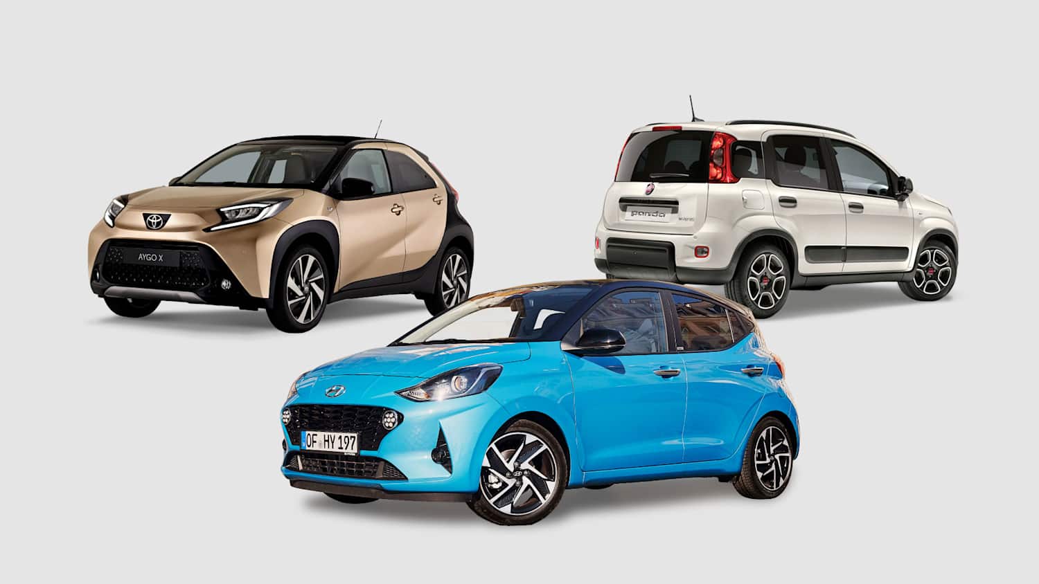 Collage aus Toyota Aygo X, Hyundai i10 und Fiat Panda