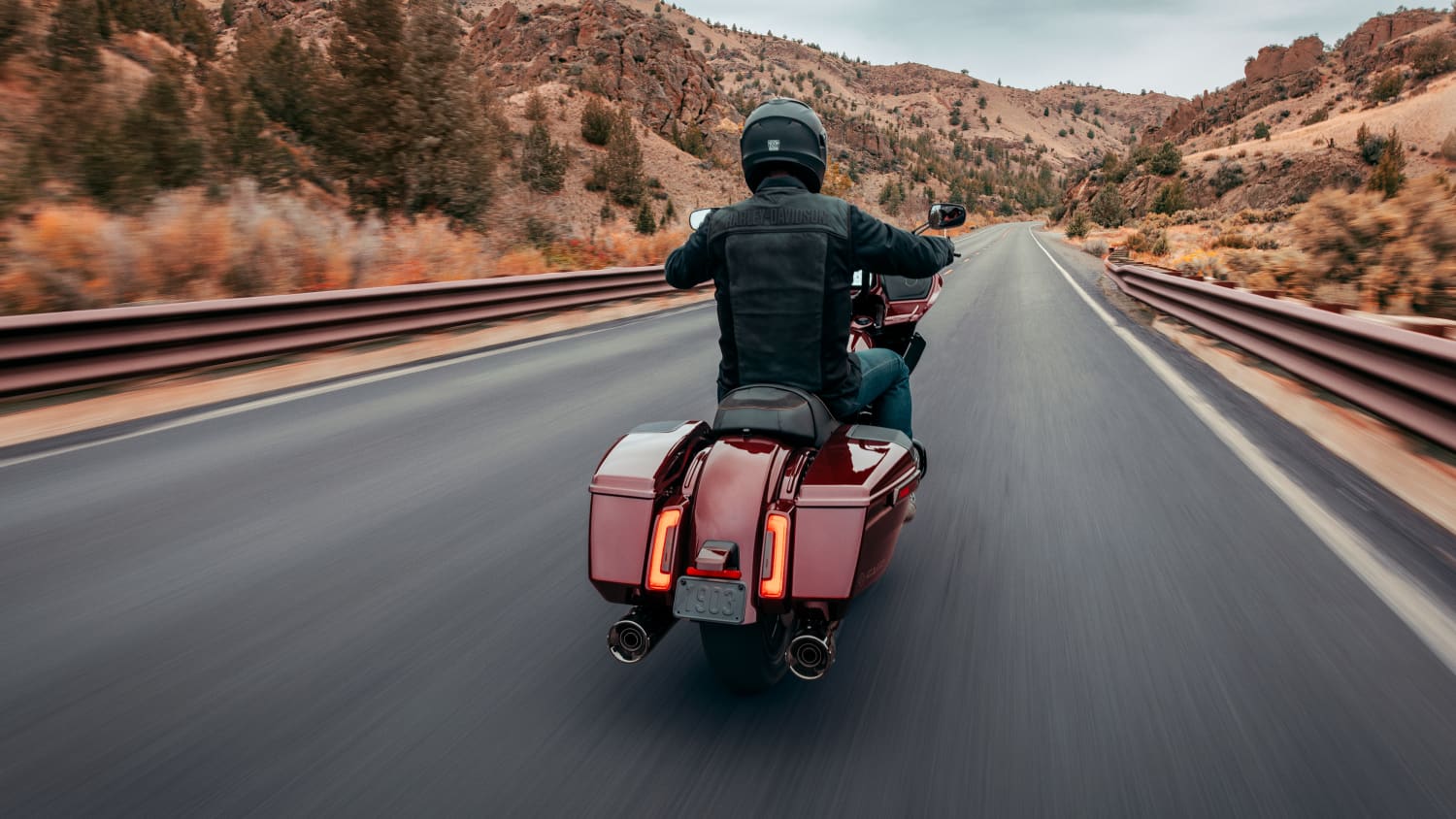 Heckansicht einer fahrenden Harley-Davidson Road Glide
